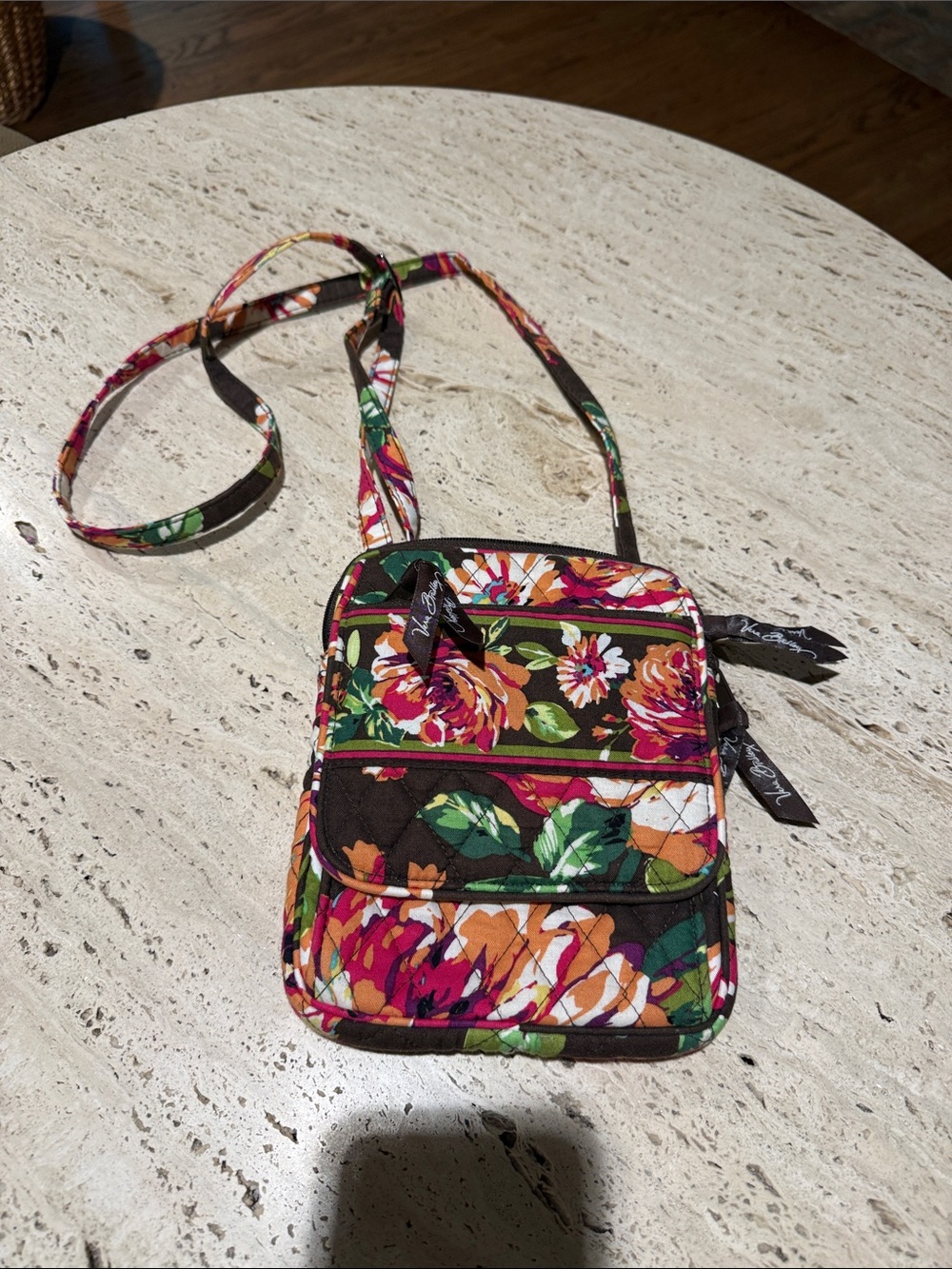 Vera Bradley Floral Quilted Crossbody in Brown with Pink, Orange & Green